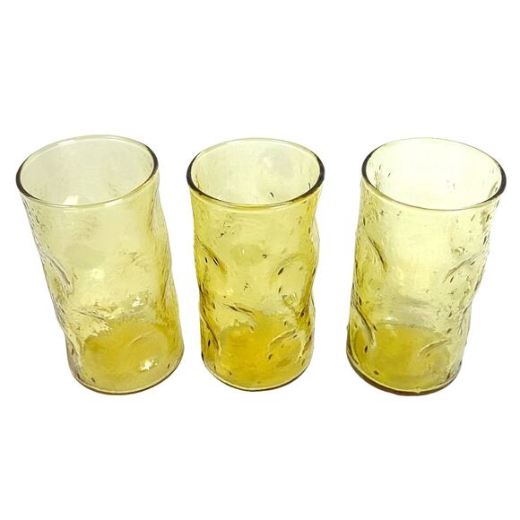 Amber Bubble Thumbprint Textured Vintage 1960's Glasses Set of 3-RARE! - Picture 2 of 8